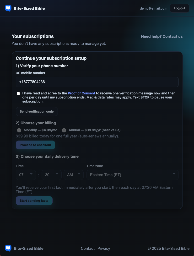 Subscription form with phone number entered and consent box unchecked.
