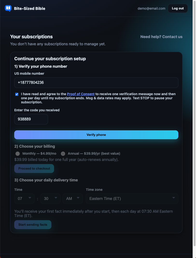 Consent box checked with verification code ready to submit.
