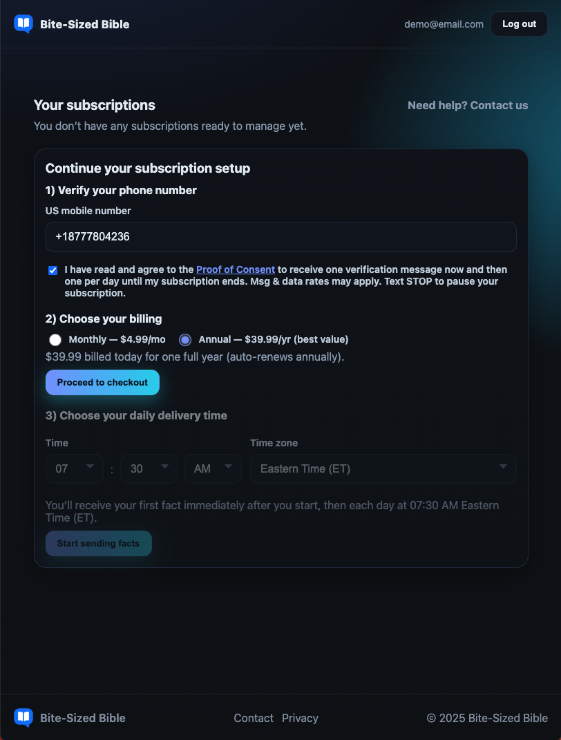 Subscription setup showing billing plan selection after phone verification.